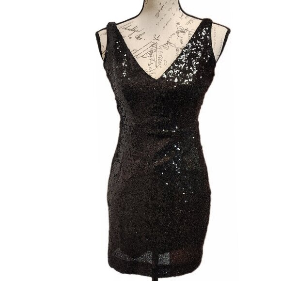 Lulu's Black Sequin Mini Dress Small - LBD Party Bodycon Glam Glitzy Sparkly - Picture 1 of 10